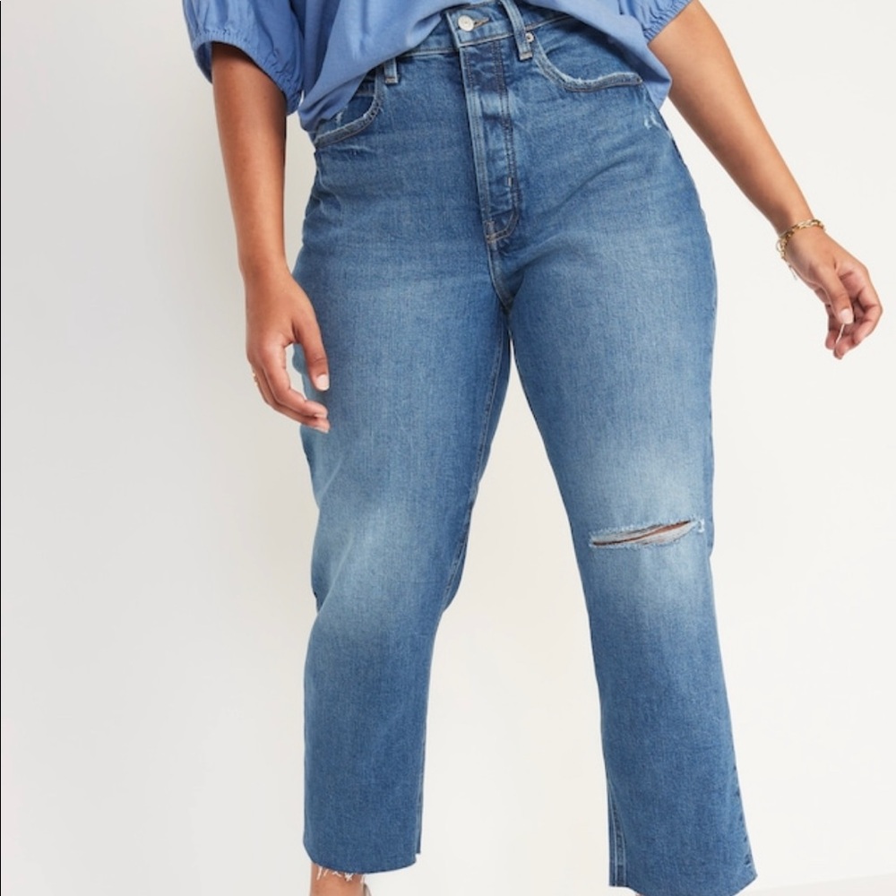 Extra High-Waisted ButtonFly Sky Hi Straight Ripped Jeans Old Navy Size 26 NWT .